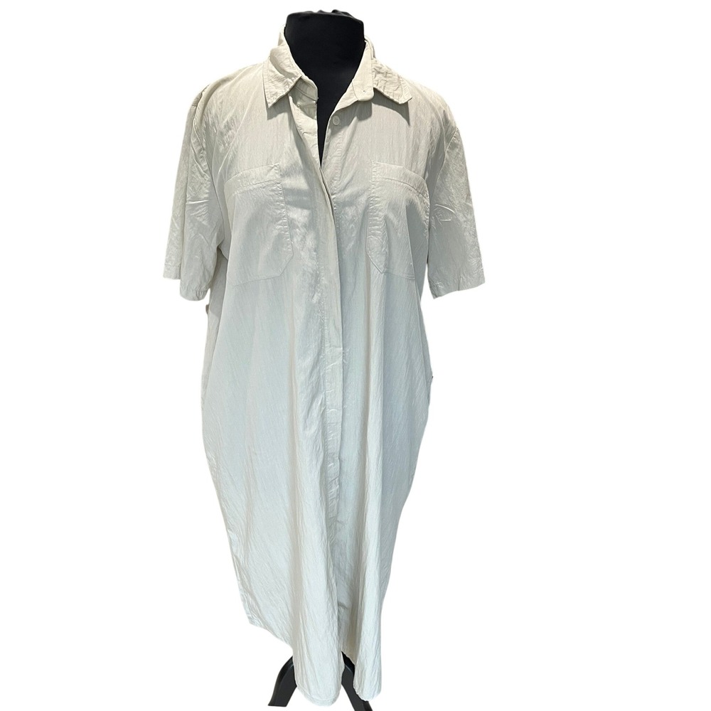 Enough Womens L Short Sleeve Button Down Shirt Dress Beige Utility Minimalist